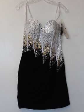 Vintage Tony Bowls Black, Silver and Gold Sequin Bustier Mini Dress